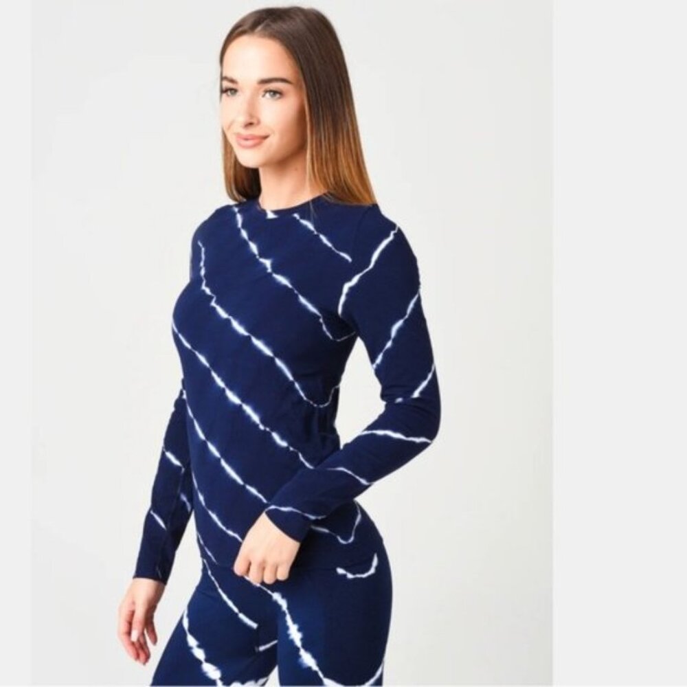Tory Burch Sport Tie-Dye Seamless Long Sleeve Top Blue White Size S